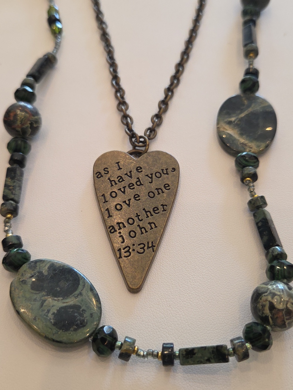 Antique Bronze Heart Scripture Pendant Necklace And Green Beaded Necklace